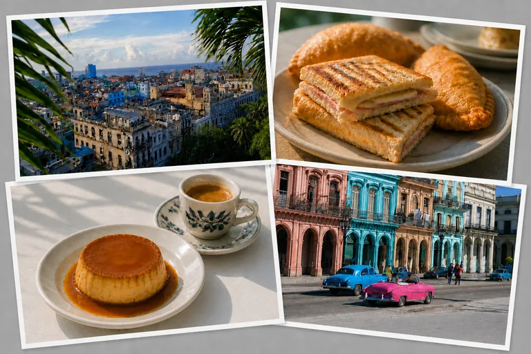 Alternating scrapbook montage: Havana rooftops and a Cuban sandwich with empanadas above coffee and flan and colorful Havana streets with classic cars